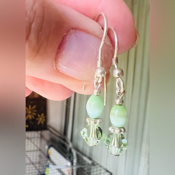 Mint Green Swarovski Crystal and Sterling Silver Dangly Earrings - Picture 2 of 5